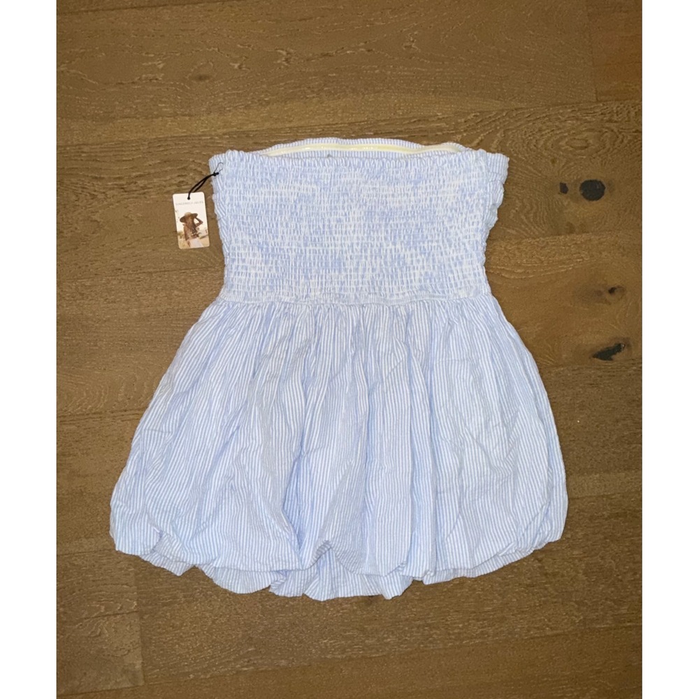 Sincerely Jules Blue White Seersucker Smocked Bubble Hem Strapless Mini‎ Dress L - Picture 4 of 4